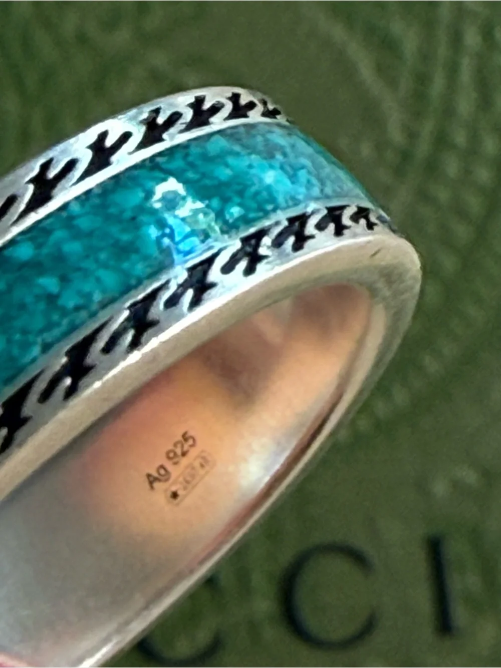 NWT GUCCI INTERLOCKING G RING STERLING SILVER TURQUOISE ENAMEL DESIGNER SIZE: 21